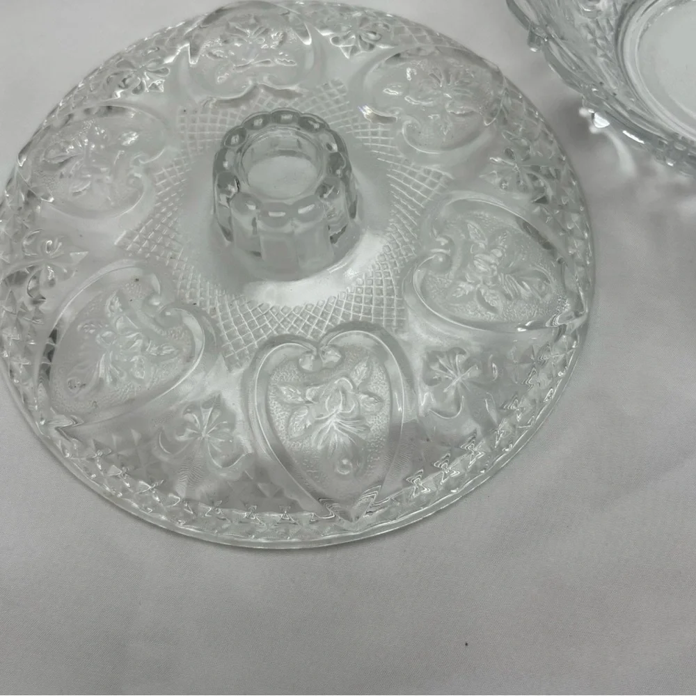 Vintage Pressed Malaysia Glass Candy Dish with Lid Heart Rose Design
